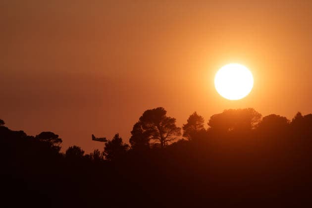 Wildfire reignites with strong Mistral wind in France. France - Cotignac, 23.07.2026 Silhouette of a Canadair CL-415 in the sunset as a wildfire spreads again near Cotignac in the Var department, southeastern France on Thursday. Strong Mistral winds fueled renewed fire activity, prompting a large firefighting operation. Departement Var
