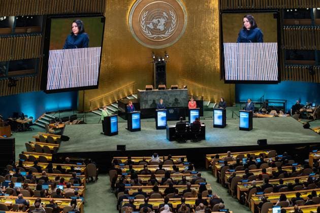 July 23, 2026, New York, New York, USA: Candidates for the position of Secretary-General respond to questions on key challenges for the United Nations in a televised debate organized by the President of the General Assembly Annalena Baerbock and sponsored by Bloomberg at UN Headquarters in New York, NY on July 23, 2026. There were 6 candidates: Michele Bachelet, Maria Fernanda Espinosa, Rafael Mariano Grossi, Rebeca Grynspan, Carolyn Rodriguez Birkett and Macky Sall. New York USA - ZUMAr339 20260723_znp_r339_041 Copyright: xLevxRadinx