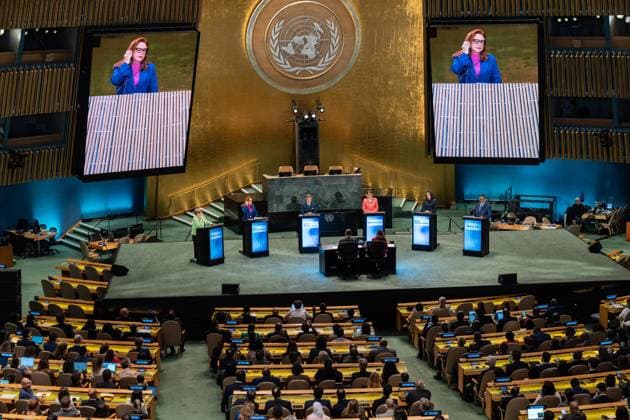 July 23, 2026, New York, New York, USA: Candidates for the position of Secretary-General respond to questions on key challenges for the United Nations in a televised debate organized by the President of the General Assembly Annalena Baerbock and sponsored by Bloomberg at UN Headquarters in New York, NY on July 23, 2026. There were 6 candidates: Michele Bachelet, Maria Fernanda Espinosa, Rafael Mariano Grossi, Rebeca Grynspan, Carolyn Rodriguez Birkett and Macky Sall. New York USA - ZUMAr339 20260723_znp_r339_043 Copyright: xLevxRadinx