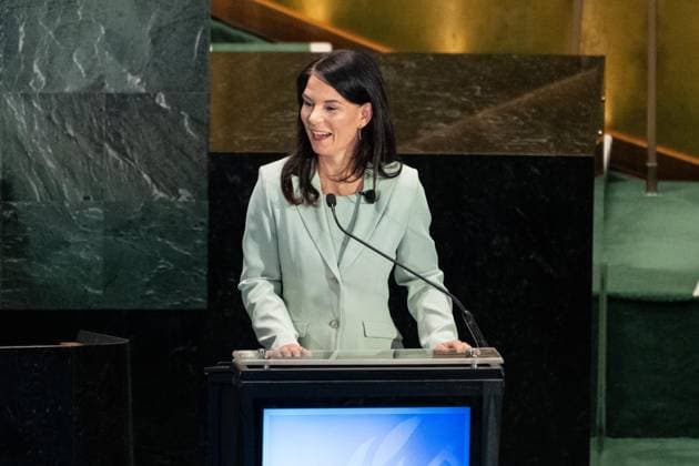 July 23, 2026, New York, New York, USA: President of the General Assembly Annalena Baerbock delivers opening remarks before candidates for the position of Secretary-General respond to questions on key challenges for the United Nations in a televised debate organized by the President of the General Assembly Annalena Baerbock and sponsored by Bloomberg at UN Headquarters in New York, NY on July 23, 2026. There were 6 candidates: Michele Bachelet, Maria Fernanda Espinosa, Rafael Mariano Grossi, Rebeca Grynspan, Carolyn Rodriguez Birkett and Macky Sall. New York USA - ZUMAr339 20260723_znp_r339_044 Copyright: xLevxRadinx
