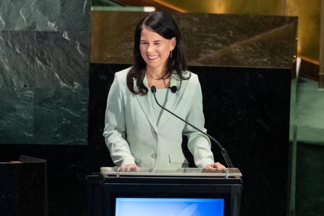 July 23, 2026, New York, New York, USA: President of the General Assembly Annalena Baerbock delivers opening remarks before candidates for the position of Secretary-General respond to questions on key challenges for the United Nations in a televised debate organized by the President of the General Assembly Annalena Baerbock and sponsored by Bloomberg at UN Headquarters in New York, NY on July 23, 2026. There were 6 candidates: Michele Bachelet, Maria Fernanda Espinosa, Rafael Mariano Grossi, Rebeca Grynspan, Carolyn Rodriguez Birkett and Macky Sall. New York USA - ZUMAr339 20260723_znp_r339_045 Copyright: xLevxRadinx
