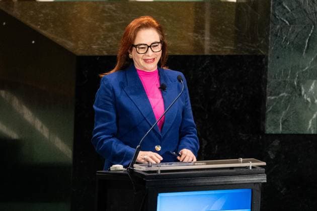 July 23, 2026, New York, New York, USA: Maria Fernanda Espinosa speaks as all candidates for the position of Secretary-General respond to questions on key challenges for the United Nations in a televised debate organized by the President of the General Assembly Annalena Baerbock and sponsored by Bloomberg at UN Headquarters in New York, NY on July 23, 2026. There were 6 candidates: Michele Bachelet, Maria Fernanda Espinosa, Rafael Mariano Grossi, Rebeca Grynspan, Carolyn Rodriguez Birkett and Macky Sall. New York USA - ZUMAr339 20260723_znp_r339_047 Copyright: xLevxRadinx