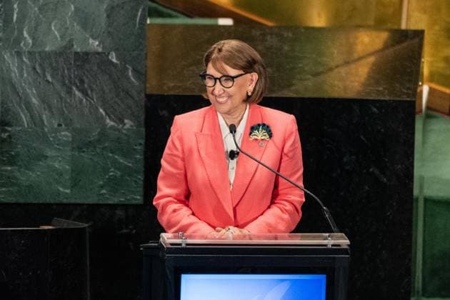 July 23, 2026, New York, New York, USA: Rebeca Grynspan speaks as all candidates for the position of Secretary-General respond to questions on key challenges for the United Nations in a televised debate organized by the President of the General Assembly Annalena Baerbock and sponsored by Bloomberg at UN Headquarters in New York, NY on July 23, 2026. There were 6 candidates: Michele Bachelet, Maria Fernanda Espinosa, Rafael Mariano Grossi, Rebeca Grynspan, Carolyn Rodriguez Birkett and Macky Sall. New York USA - ZUMAr339 20260723_znp_r339_049 Copyright: xLevxRadinx