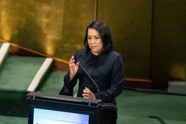July 23, 2026, New York, New York, USA: Carolyn Rodriguez Birkett speaks as all candidates for the position of Secretary-General respond to questions on key challenges for the United Nations in a televised debate organized by the President of the General Assembly Annalena Baerbock and sponsored by Bloomberg at UN Headquarters in New York, NY on July 23, 2026. There were 6 candidates: Michele Bachelet, Maria Fernanda Espinosa, Rafael Mariano Grossi, Rebeca Grynspan, Carolyn Rodriguez Birkett and Macky Sall. New York USA - ZUMAr339 20260723_znp_r339_050 Copyright: xLevxRadinx