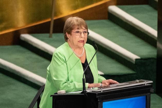 July 23, 2026, New York, New York, USA: Michele Bachelet speaks as all candidates for the position of Secretary-General respond to questions on key challenges for the United Nations in a televised debate organized by the President of the General Assembly Annalena Baerbock and sponsored by Bloomberg at UN Headquarters in New York, NY on July 23, 2026. There were 6 candidates: Michele Bachelet, Maria Fernanda Espinosa, Rafael Mariano Grossi, Rebeca Grynspan, Carolyn Rodriguez Birkett and Macky Sall. New York USA - ZUMAr339 20260723_znp_r339_052 Copyright: xLevxRadinx