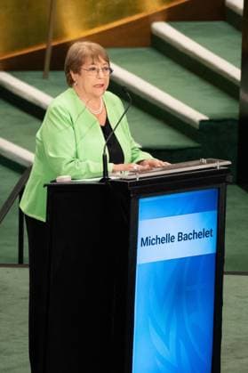 July 23, 2026, New York, New York, USA: Michele Bachelet speaks as all candidates for the position of Secretary-General respond to questions on key challenges for the United Nations in a televised debate organized by the President of the General Assembly Annalena Baerbock and sponsored by Bloomberg at UN Headquarters in New York, NY on July 23, 2026. There were 6 candidates: Michele Bachelet, Maria Fernanda Espinosa, Rafael Mariano Grossi, Rebeca Grynspan, Carolyn Rodriguez Birkett and Macky Sall. New York USA - ZUMAr339 20260723_znp_r339_054 Copyright: xLevxRadinx