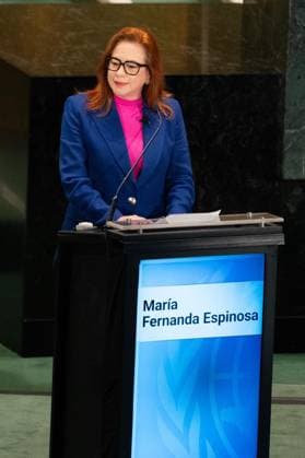 July 23, 2026, New York, New York, USA: Maria Fernanda Espinosa speaks as all candidates for the position of Secretary-General respond to questions on key challenges for the United Nations in a televised debate organized by the President of the General Assembly Annalena Baerbock and sponsored by Bloomberg at UN Headquarters in New York, NY on July 23, 2026. There were 6 candidates: Michele Bachelet, Maria Fernanda Espinosa, Rafael Mariano Grossi, Rebeca Grynspan, Carolyn Rodriguez Birkett and Macky Sall. New York USA - ZUMAr339 20260723_znp_r339_055 Copyright: xLevxRadinx