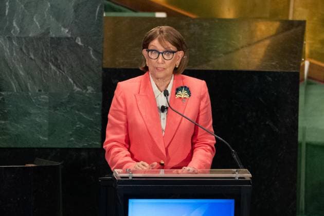 July 23, 2026, New York, New York, USA: Rebeca Grynspan speaks as all candidates for the position of Secretary-General respond to questions on key challenges for the United Nations in a televised debate organized by the President of the General Assembly Annalena Baerbock and sponsored by Bloomberg at UN Headquarters in New York, NY on July 23, 2026. There were 6 candidates: Michele Bachelet, Maria Fernanda Espinosa, Rafael Mariano Grossi, Rebeca Grynspan, Carolyn Rodriguez Birkett and Macky Sall. New York USA - ZUMAr339 20260723_znp_r339_059 Copyright: xLevxRadinx