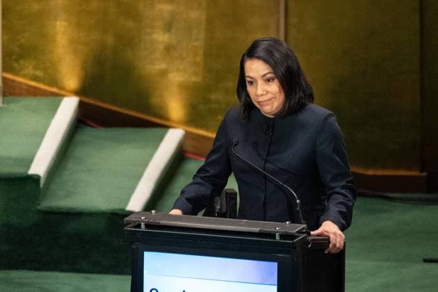 July 23, 2026, New York, New York, USA: Carolyn Rodriguez Birkett speaks as all candidates for the position of Secretary-General respond to questions on key challenges for the United Nations in a televised debate organized by the President of the General Assembly Annalena Baerbock and sponsored by Bloomberg at UN Headquarters in New York, NY on July 23, 2026. There were 6 candidates: Michele Bachelet, Maria Fernanda Espinosa, Rafael Mariano Grossi, Rebeca Grynspan, Carolyn Rodriguez Birkett and Macky Sall. New York USA - ZUMAr339 20260723_znp_r339_061 Copyright: xLevxRadinx