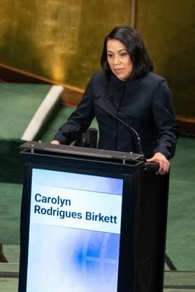 July 23, 2026, New York, New York, USA: Carolyn Rodriguez Birkett speaks as all candidates for the position of Secretary-General respond to questions on key challenges for the United Nations in a televised debate organized by the President of the General Assembly Annalena Baerbock and sponsored by Bloomberg at UN Headquarters in New York, NY on July 23, 2026. There were 6 candidates: Michele Bachelet, Maria Fernanda Espinosa, Rafael Mariano Grossi, Rebeca Grynspan, Carolyn Rodriguez Birkett and Macky Sall. New York USA - ZUMAr339 20260723_znp_r339_062 Copyright: xLevxRadinx