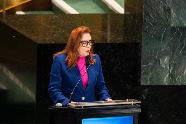 July 23, 2026, New York, New York, USA: Maria Fernanda Espinosa speaks as all candidates for the position of Secretary-General respond to questions on key challenges for the United Nations in a televised debate organized by the President of the General Assembly Annalena Baerbock and sponsored by Bloomberg at UN Headquarters in New York, NY on July 23, 2026. There were 6 candidates: Michele Bachelet, Maria Fernanda Espinosa, Rafael Mariano Grossi, Rebeca Grynspan, Carolyn Rodriguez Birkett and Macky Sall. New York USA - ZUMAr339 20260723_znp_r339_071 Copyright: xLevxRadinx