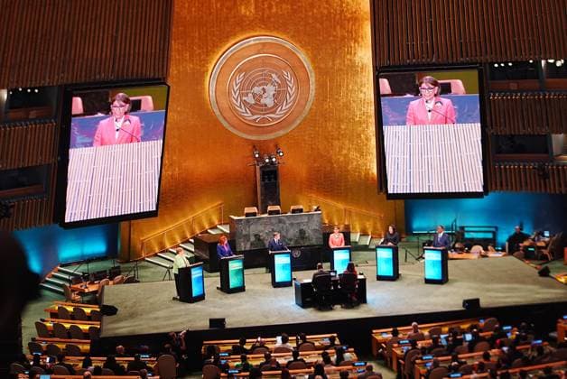 UN Town Hall for The Next Secretary-General NEW YORK, UNITED STATES - JULY 23: From left to right, the candidates are Michelle Bachelet of Chile, Maria Fernanda Espinosa of Ecuador, Rafael Grossi of Argentina, Rebeca Grynspan of Costa Rica, Carolyn Rodrigues-Birkett of Guyana and Macky Sall of Senegal as they take part in the United Nations Town Hall: The Next Secretary-General at UN Headquarters, on July 23, 2026 in New York City, United States. The candidates responded to questions from diplomats, UN staff and civil society representatives on key challenges facing the United Nations during the televised debate, organized and hosted by UN General Assembly President Annalena Baerbock and broadcast by Bloomberg. Selcuk Acar Anadolu New Y  Copyright: x2026xAnadoluxSelcukxAcarx
