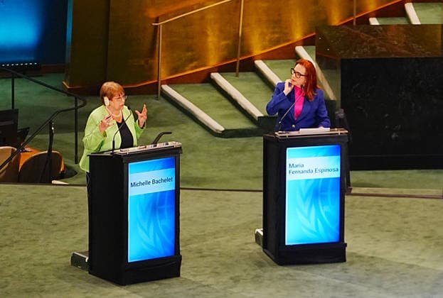 UN Town Hall for The Next Secretary-General NEW YORK, UNITED STATES - JULY 23: From left to right, the candidates are Michelle Bachelet of Chile and Maria Fernanda Espinosa of Ecuador as they take part in the United Nations Town Hall: The Next Secretary-General at UN Headquarters, on July 23, 2026 in New York City, United States. The candidates responded to questions from diplomats, UN staff and civil society representatives on key challenges facing the United Nations during the televised debate, organized and hosted by UN General Assembly President Annalena Baerbock and broadcast by Bloomberg. Selcuk Acar Anadolu New York United States. Editorial use only. Please get in touch for any other usage.  Copyright: x2026xAnadoluxSelcukxAcarx