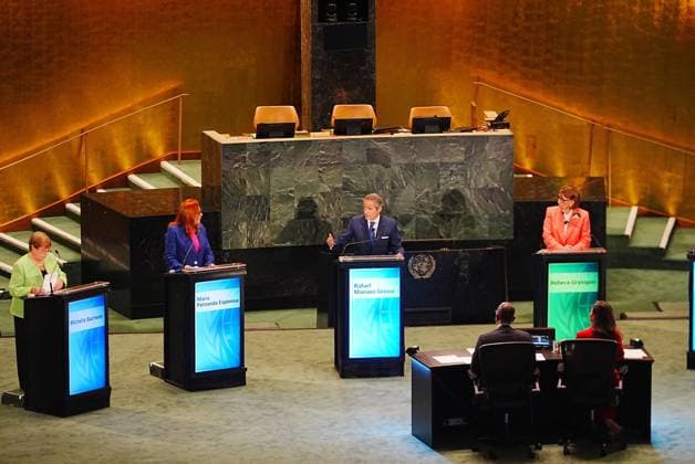 UN Town Hall for The Next Secretary-General NEW YORK, UNITED STATES - JULY 23: From left to right, the candidates are Michelle Bachelet of Chile, Maria Fernanda Espinosa of Ecuador, Rafael Grossi of Argentina, Rebeca Grynspan of Costa Rica, Carolyn Rodrigues-Birkett of Guyana and Macky Sall of Senegal as they take part in the United Nations Town Hall: The Next Secretary-General at UN Headquarters, on July 23, 2026 in New York City, United States. The candidates responded to questions from diplomats, UN staff and civil society representatives on key challenges facing the United Nations during the televised debate, organized and hosted by UN General Assembly President Annalena Baerbock and broadcast by Bloomberg. Selcuk Acar Anadolu New Y  Copyright: x2026xAnadoluxSelcukxAcarx