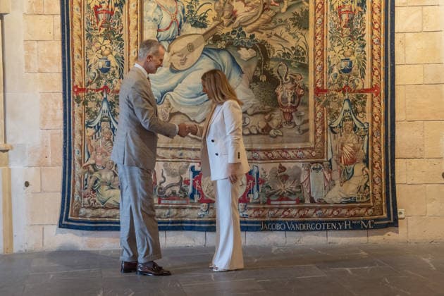 Felipe VI Holds an Audience with Marga Prohens in Palma de Mallorca The president of the Balearic Islands, Marga Prohens, during an audience with King Felipe VI at the Almudaina Royal Palace on July 24, 2026, in Palma de Mallorca, Balearic Islands, Spain. The audience is part of a series of meetings with representatives of Balearic institutions at the start of the Royal Family’s summer stay in Palma. JULY 24, 2026 Javier Ferná Spain  Copyright: xJavierxFernandezx 7683791