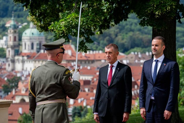Czech Prime Minister Andrej Babis (centre) meets Montenegrin Prime Minister Milojko Spajic (right) to discuss current issues related to EU enlargement, Czech-Montenegrin cooperation in defence industry, opportunities to develop cooperation in energy sector in Prague, Czech Republic, July 24, 2026. (CTKxPhoto OndrejxDeml) CTKPhotoP2026072402977  CTKPhotoP2026072402977