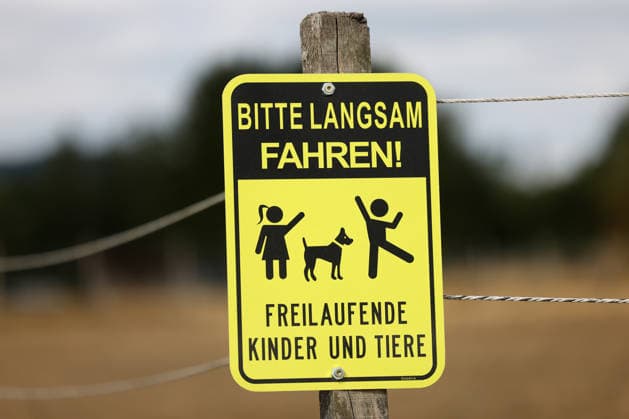 Ein Schild an einer Strasse (Straße) bei einem Pferdehof in Siegen-Oberschelden mit der Aufschrift BITTE LANGSAM FAHREN! FREILAUFENDE KINDER UND TIERE. Verkehrswesen im Siegerland am 24.07.2026 in Siegen Deutschland. *** A sign on a road near a horse farm in Siegen Oberschelden reading PLEASE DRIVE SLOWLY—CHILDREN AND ANIMALS RUNNING FREE. Transportation in the Siegerland region on July 24, 2026, in Siegen, Germany
