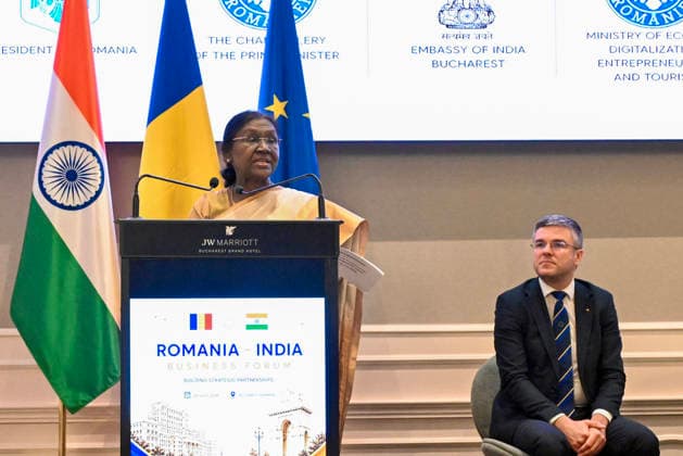 President Droupadi Murmu addresses the India Romania Business Forum Bucharest Romania , Jul 24 (ANI): President Droupadi Murmu addresses the India Romania Business Forum, in Bucharest on Friday. (Office of Press Secretary to the President ANI Photo) Bucharest Romania Copyright: xANIx ANI_20260724211