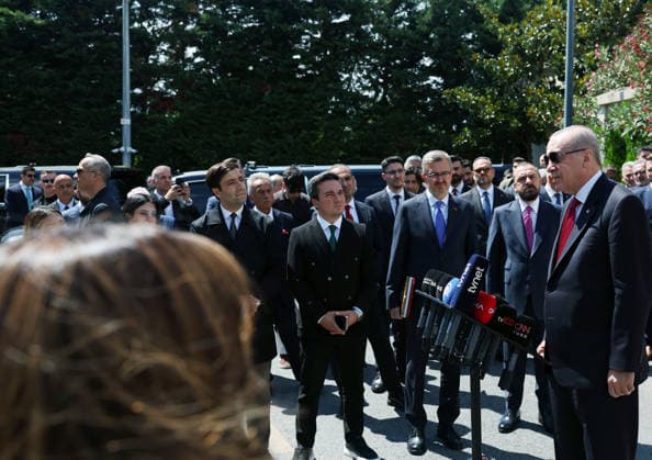 Turkish President Recep Tayyip Erdogan ISTANBUL, TURKIYE - JULY 24: (----EDITORIAL USE ONLY - MANDATORY CREDIT - TURKISH PRESIDENCY MUSTAFA KAMACI HANDOUT - NO MARKETING NO ADVERTISING CAMPAIGNS - DISTRIBUTED AS A SERVICE TO CLIENTS----) Turkish President Recep Tayyip Erdogan answers the questions of press members after performing Friday prayer at Hz. Ali Mosque in Istanbul, Turkiye on July 24, 2026. Turkish Presidency Mustafa Kamaci Handout Anadolu Istanbul Turkey. Editorial use only. Please get in touch for any other usage.  Copyright: x2026xAnadoluxTurkishxPresidencyx xMustafaxKamacix xHandoutx