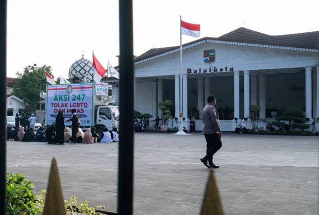Anti-LGBT Demonstration In Indonesia A group of Muslim protesters hold with poster against the lesbian, gay, bisexual and transgender (LGBT) community in Bogor, West Java, Indonesia, on July 24, 2026. They rejected the existence of the LGBTQ community and urged the Bogor City Government to immediately enforce the Bogor City Regional Regulation on the Prevention and Handling of Deviant Sexual Behavior. 