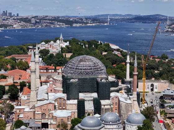 Hagia Sophia Grand Mosque enters new restoration phase ISTANBUL, TURKIYE - JULY 24: An aerial view of the Hagia Sophia Grand Mosque, as it enters a new phase in the most comprehensive conservation, restoration, and reinforcement efforts in the history of the Turkish Republic, in Istanbul, Turkiye on July 24, 2026. Work has begun to cover the temporary steel roof, erected to ensure that restoration of the main dome can proceed under safe conditions, with a protective tarp. Adem Kutucu Anadolu Istanbul Turkey. Editorial use only. Please get in touch for any other usage.  Copyright: x2026xAnadoluxAdemxKutucux