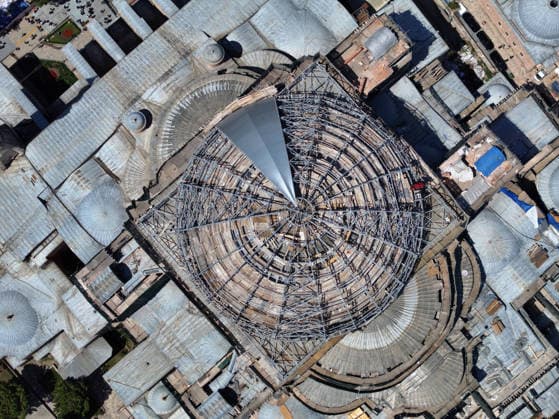 Hagia Sophia Grand Mosque enters new restoration phase ISTANBUL, TURKIYE - JULY 24: An aerial view of the Hagia Sophia Grand Mosque, as it enters a new phase in the most comprehensive conservation, restoration, and reinforcement efforts in the history of the Turkish Republic, in Istanbul, Turkiye on July 24, 2026. Work has begun to cover the temporary steel roof, erected to ensure that restoration of the main dome can proceed under safe conditions, with a protective tarp. Adem Kutucu Anadolu Istanbul Turkey. Editorial use only. Please get in touch for any other usage.  Copyright: x2026xAnadoluxAdemxKutucux