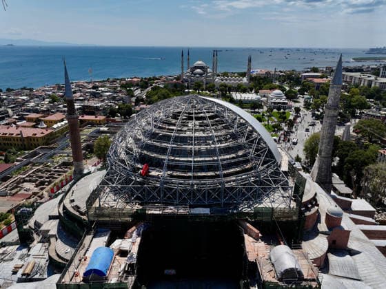 Hagia Sophia Grand Mosque enters new restoration phase ISTANBUL, TURKIYE - JULY 24: An aerial view of the Hagia Sophia Grand Mosque, as it enters a new phase in the most comprehensive conservation, restoration, and reinforcement efforts in the history of the Turkish Republic, in Istanbul, Turkiye on July 24, 2026. Work has begun to cover the temporary steel roof, erected to ensure that restoration of the main dome can proceed under safe conditions, with a protective tarp. Adem Kutucu Anadolu Istanbul Turkey. Editorial use only. Please get in touch for any other usage.  Copyright: x2026xAnadoluxAdemxKutucux