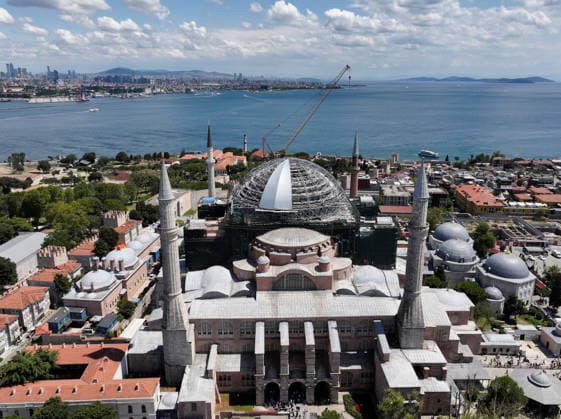 Hagia Sophia Grand Mosque enters new restoration phase ISTANBUL, TURKIYE - JULY 24: An aerial view of the Hagia Sophia Grand Mosque, as it enters a new phase in the most comprehensive conservation, restoration, and reinforcement efforts in the history of the Turkish Republic, in Istanbul, Turkiye on July 24, 2026. Work has begun to cover the temporary steel roof, erected to ensure that restoration of the main dome can proceed under safe conditions, with a protective tarp. Adem Kutucu Anadolu Istanbul Turkey. Editorial use only. Please get in touch for any other usage.  Copyright: x2026xAnadoluxAdemxKutucux