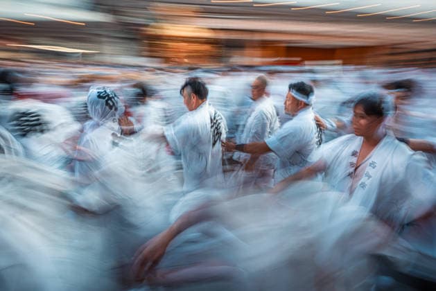 General view, July 24, 2026 - Participants carry portable shrines (mikoshi) during the Kanko-sai return procession of the Gion Matsuri in Kyoto, Japan. Held on July 24, the procession marks the return of the deities from the Otabisho to Yasaka Shrine, concluding one of Japan s most renowned traditional festivals.  aflo_338984804