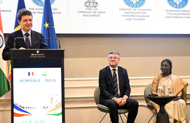 RECORD DATE NOT STATED India Romania Business Forum in Romania Bucharest Romania , Jul 24 (ANI): Romanian President NicuÈ™or Dan speaks at the India Romania Business Forum, in Bucharest on Friday. President Droupadi Murmu also present. (@MEAIndia X ANI Photo) Bucharest Romania Copyright: xANIx ANI_20260724303