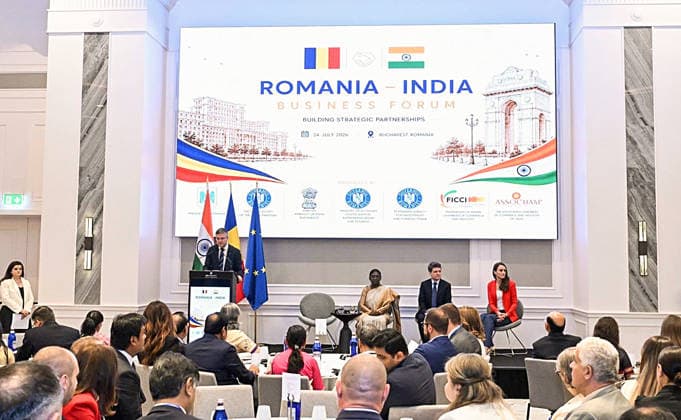 RECORD DATE NOT STATED India Romania Business Forum in Romania Bucharest Romania , Jul 24 (ANI): President Droupadi Murmu and Romanian President NicuÈ™or Dan at the India Romania Business Forum, in Bucharest on Friday. (@MEAIndia X ANI Photo) Bucharest Romania Copyright: xANIx ANI_20260724305
