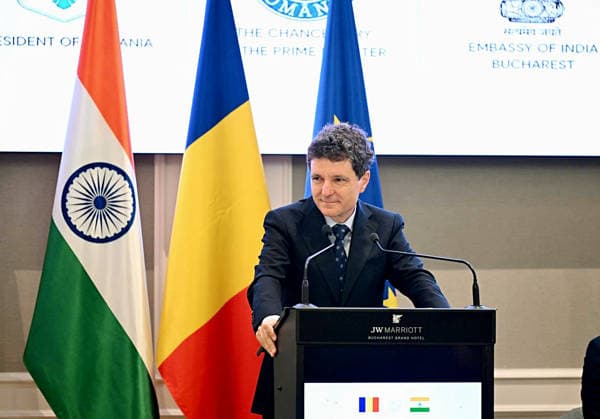 RECORD DATE NOT STATED India Romania Business Forum in Romania Bucharest Romania , Jul 24 (ANI): Romanian President NicuÈ™or Dan speaks in the presence of President Droupadi Murmu (unseen) at the India Romania Business Forum, in Bucharest on Friday. (@MEAIndia X ANI Photo) Bucharest Romania Copyright: xANIx ANI_20260724307