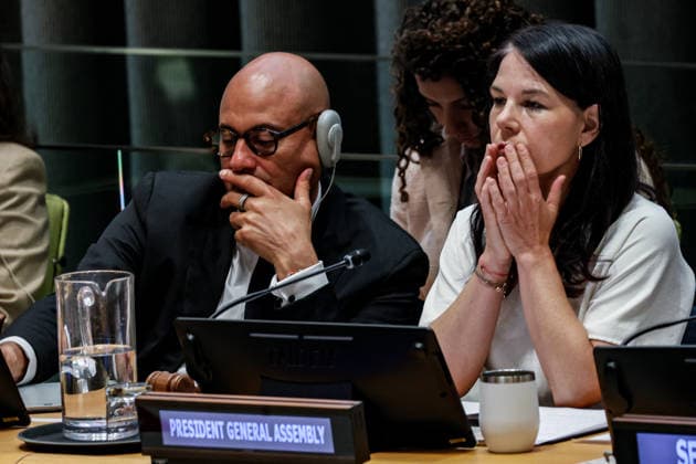 July 24, 2026, New York, New York, United States: President of the General Assembly ANNALENA BAERBOCK (R) and UNFCCC Executive Secretary SIMON STIELL (L) sit on the panel of the United Nations General Assembly informal interactive dialogue on Accelerating the Global Energy Transition: Advancing Renewables, Energy Efficiency and International Cooperation. The dialogue brought together Member States and stakeholders to review progress in the global energy transition, promote renewable energy and energy efficiency, and strengthen international cooperation in support of sustainable development and global climate goals. New York United States  - ZUMAo116 20260724_znp_o116_012 Copyright: xBiancaxOterox