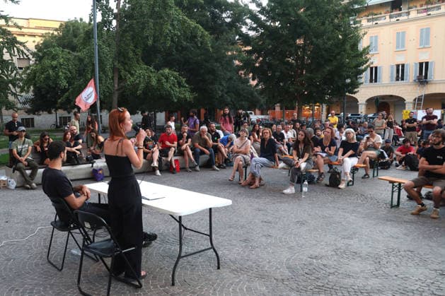IPA86958394 - Bologna. A rally in Piazza San Francesco organized by Potere al Popolo to commemorate Abderrahim Fakir, who died during an incident involving two police officers. Pictured is Marta Collot of Potere al Popolo.  Copyright: xRobertoxBrancolinix xRobertoxBrancolini Ipax 86958394