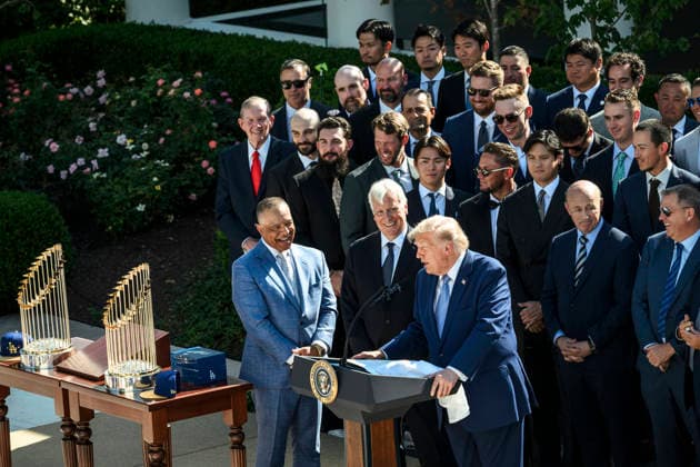 July 24, 2026, Washington, Dc, United States: U.S. President Donald Trump, delivers remarks during a celebration of their 2025 MLB World Series championship, at the Rose Garden of the White House, July 23, 2026, in Washington, D.C. Washington United States - ZUMAp138 20260724_zaa_p138_051 Copyright: xMollyxRiley WhitexHousex