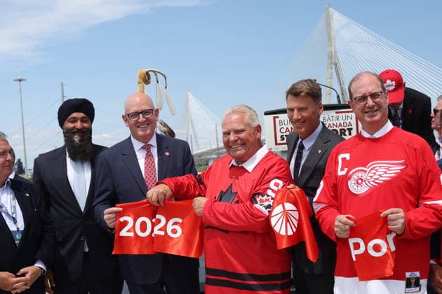 July 24, 2026, Windsor, On, CANADA: De gauche o droite: le ministre ontarien des Transports, Prabmeet Singh Sarkaria; le maire de Windsor, Drew Dilkens; le premier ministre de l Ontario, Doug Ford; le ministre fo do ral de l Infrastructure, Gregor Robertson; et l ambassadeur canadien aux o°tats-Unis, Mark Wiseman, lors de la co ro monie d ouverture du pont international Gordie-Howe, o Windsor, en Ontario, le 24 juillet 2026. LA PRESSE CANADIENNE Windsor CANADA  - ZUMAc35_ 20260724_zaf_c35_053 Copyright: xDaxxMelmerx