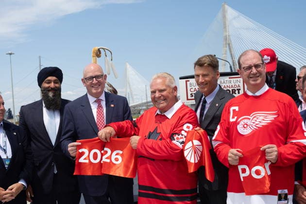 July 24, 2026, Windsor, On, CANADA: Ontario Minister of Transportation Prabmeet Singh Sarkaria, left to right, Windsor mayor Drew Dilkens, Ontario Premier Doug Ford, Infrastructure Minister Gregor Robertson and Canadian Ambassador to the United States Mark Wiseman pose for a photo following the ribbon cutting to open the Gordie Howe Bridge, in Windsor, Ont., Friday, July 24, 2026. Windsor CANADA  - ZUMAc35_ 20260724_zaf_c35_090 Copyright: xDaxxMelmerx