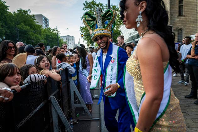 July 24, 2026, Rotterdam, South Holland, Netherlands: 24 July 2026, Rotterdam, the Netherlands. The ZomerCarnaval king and queen dance and interact with the crowd. Competing in the Battle of Drums, three brass band groupsÃ¢â‚¬ Rhythm Allstars Brass Band, S.L.R. Brass Band, and Latin Music Brass BandÃ¢â‚¬ perform during the Battle of Drums. This is the opening event of Rotterdam UnlimitedÃ¢â‚¬â ¢s Zomercarnaval 2026. Rotterdam Netherlands  - ZUMAp202 20260724_zip_p202_011 Copyright: xJamesxPetermeierx