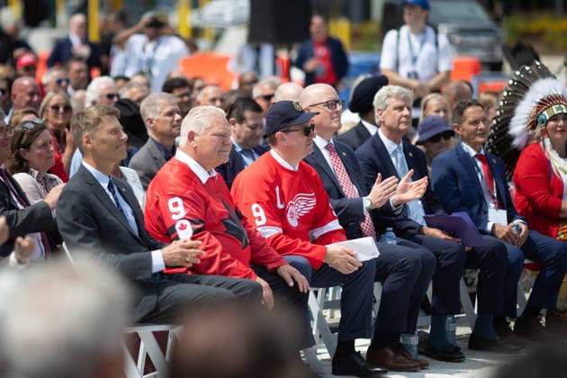 July 24, 2026, Windsor, On, CANADA: Dignitaries including, from left, Infrastructure Minister Gregor Robertson, Ontario Premier Doug Ford and Canadian Ambassador to the United States Mark Wiseman attend a ribbon cutting ceremony for the opening of the Gordie Howe International Bridge, in Windsor, Ont., Friday, July 24, 2026. Windsor CANADA  - ZUMAc35_ 20260724_zaf_c35_120 Copyright: xDaxxMelmerx
