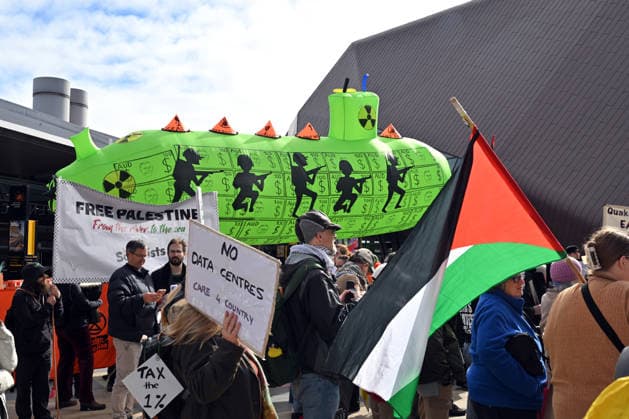 ALP NATIONAL CONFERENCE, Anti AUKUS, anti-nuclear and pro-Palestine protesters are seen outside during the 50th Australian Labor Party (ALP) national convention at the Adelaide Convention Centre, in Adelaide, Saturday, July 25, 2026. ( ADELAIDE SOUTH AUSTRALIA AUSTRALIA  Copyright: xMICKxTSIKASx 20260725133927199017