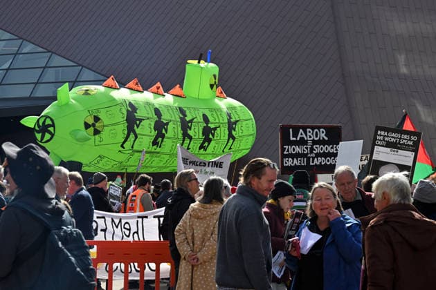 ALP NATIONAL CONFERENCE, Anti AUKUS, anti-nuclear and pro-Palestine protesters are seen outside during the 50th Australian Labor Party (ALP) national convention at the Adelaide Convention Centre, in Adelaide, Saturday, July 25, 2026. ( ADELAIDE SOUTH AUSTRALIA AUSTRALIA  Copyright: xMICKxTSIKASx 20260725167067433229