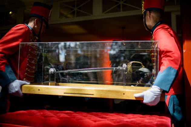 July 24, 2026, Bogota, Bogota D.C, Colombia: Members of the presidential guard stand by Simon Bolivar s sword during the return to the Quinta de Bolivar Museum in Bogota, Colombia on July 24, 2026. Bogota Colombia  - ZUMAvp1_ 20260724_zia_vp1_008 Copyright: xSebastianxBarrosx