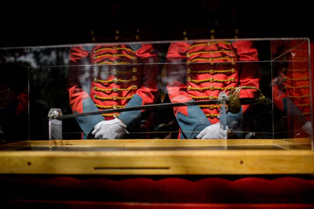 July 24, 2026, Bogota, Bogota D.C, Colombia: Members of the presidential guard stand by Simon Bolivar s sword during the return to the Quinta de Bolivar Museum in Bogota, Colombia on July 24, 2026. Bogota Colombia - ZUMAvp1_ 20260724_zia_vp1_010 Copyright: xSebastianxBarrosx