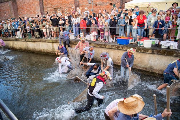 Ein Blick auf das traditionelle Bachausfischen während des Fischertags in Memmingen. Zahlreiche Fischer in teils historischer Kleidung waten durch den Stadtbach, um Fische zu fangen. Dicht gedrängt stehen Zuschauer am Ufer und verfolgen das Spektakel, das jährlich tausende Besucher anzieht. Im Hintergrund sind die historischen Mauern der Stadt zu sehen. Der Memminger Fischertag ist eines der ältesten und bekanntesten Volksfeste in Bayern. Memmingen Bayern Deutschland *** A look at the traditional stream fishing during Fishermen’s Day in Memmingen. Numerous fishermen, some in historical attire, wade through the town stream to catch fish. Spectators stand crowded together on the bank, watching the spectacle, which attracts thousands of