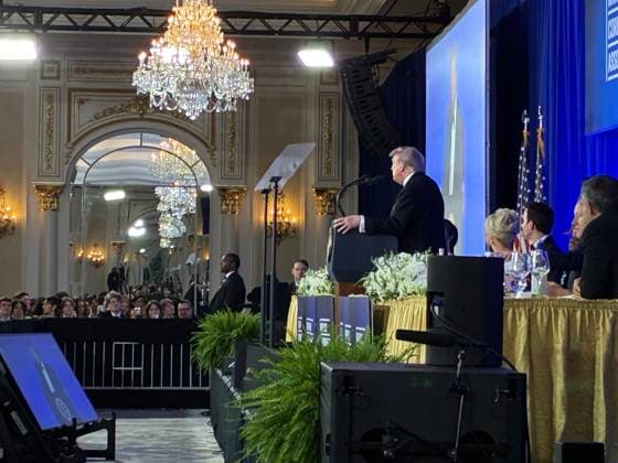 (260725) -- WASHINGTON, July 25, 2026 -- U.S. President Donald Trump speaks during the White House Correspondents Association Dinner at the Waldorf Astoria hotel in Washington, D.C., the United States, July 24, 2026. The rescheduled 2026 White House Correspondents Association Dinner was held at the Waldorf Astoria hotel here on Friday. The dinner was rescheduled after gunshots were heard during the original event at the Washington Hilton Hotel on April 25, leading to the emergency evacuation of U.S. President Donald Trump and the arrest of the suspect. (Photo by Xinhua) U.S.-WASHINGTON, D.C.-WHITE HOUSE CORRESPONDENTS ASSOCIATION DINNER LixYuanqing 