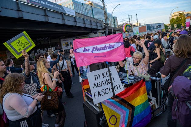 July 24, 2026, Berlin, Berlin, Germany: A mobile DJ set held along the march at Dyke* March 2026, on July 24 2026, in Berlin, Germany. Thousands of demonstrators marched in the streets of Berlin s City Center and Kreuzberg districts for the annual Dyke* March just a day before the annual CSD parade and Internationalist Queer Pride Berlin Germany  - ZUMAk201 20260724_zip_k201_013 Copyright: xNikosxKanistrasx