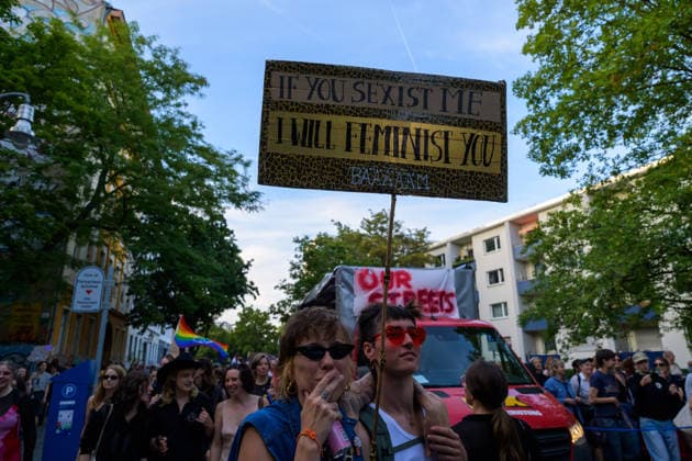 July 24, 2026, Berlin, Berlin, Germany: Demonstrators march along with an anti-sexism placard, at Dyke* March 2026, on July 24 2026, in Berlin, Germany. Thousands of demonstrators marched in the streets of Berlin s City Center and Kreuzberg districts for the annual Dyke* March just a day before the annual CSD parade and Internationalist Queer Pride Berlin Germany  - ZUMAk201 20260724_zip_k201_018 Copyright: xNikosxKanistrasx