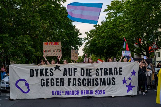 July 24, 2026, Berlin, Berlin, Germany: The head banner of the Dyke* March 2026 writes Dykes* at the streets against Fascism , at Dyke* March 2026, on July 24 2026, in Berlin, Germany. Thousands of demonstrators marched in the streets of Berlin s City Center and Kreuzberg districts for the annual Dyke* March just a day before the annual CSD parade and Internationalist Queer Pride Berlin Germany  - ZUMAk201 20260724_zip_k201_019 Copyright: xNikosxKanistrasx