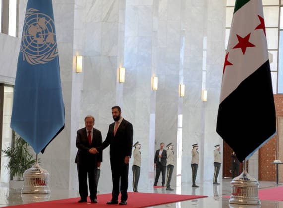 UN Secretary-General Antonio Guterres meets Syrian President Ahmed al-Sharaa in Damascus DAMASCUS, SYRIA – JULY 25: Syrian President Ahmed al-Sharaa (R) meets with United Nations Secretary-General Antonio Guterres (L) in Damascus, Syria, on July 25, 2026. Hisam Hac Omer Anadolu Damascus Syria. Editorial use only. Please get in touch for any other usage.  Copyright: x2026xAnadoluxHisamxHacxOmerx