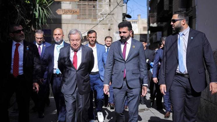 UN chief Guterres arrives in Damascus on first visit by a secretary-general since 2009 DAMASCUS, SYRIA - JULY 25: (----EDITORIAL USE ONLY - MANDATORY CREDIT - SYRIAN FOREIGN MINISTRY HANDOUT - NO MARKETING NO ADVERTISING CAMPAIGNS - DISTRIBUTED AS A SERVICE TO CLIENTS----) UN Secretary-General Antonio Guterres visits Umayyad Mosque and Old City on the first visit by a UN chief to the country since 2009 in Damascus, Syria on July 25, 2026. Syrian Foreign Ministry Anadolu Damascus Syria. Editorial use only. Please get in touch for any other usage.  Copyright: x2026xAnadoluxSyrianxForeignxMinistryx